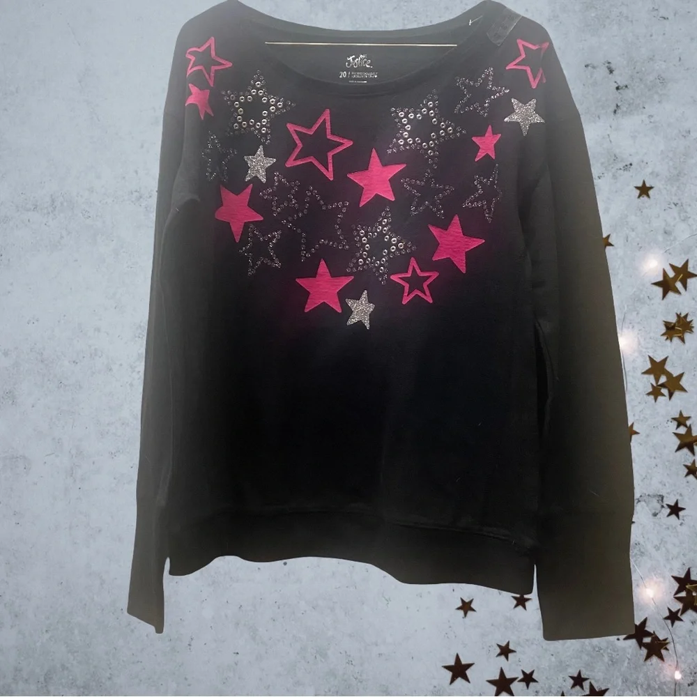 Black long-sleeve Justice top with pink and silver glitter stars Sz. 20